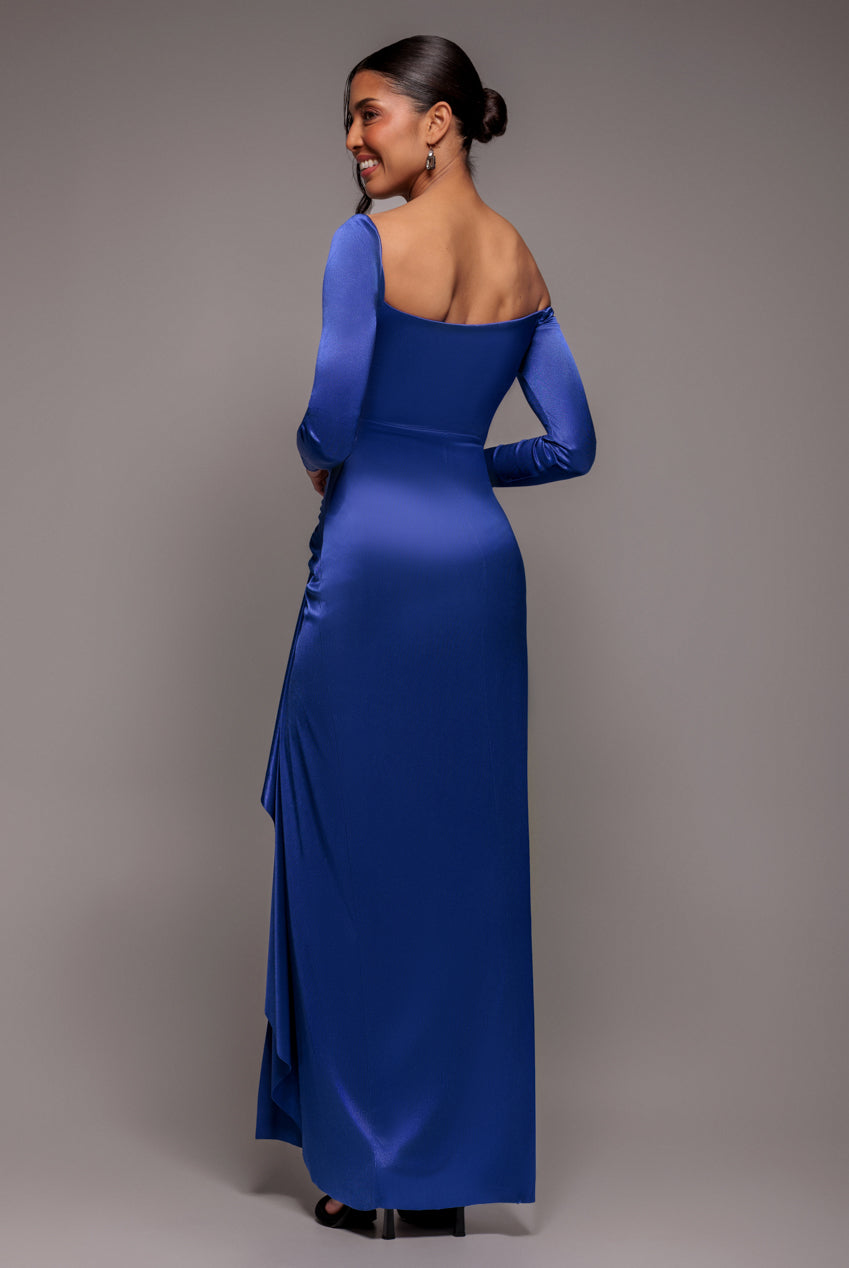 Slinky Satin One Shoulder Split Maxi Dress - Royal Blue DR4388