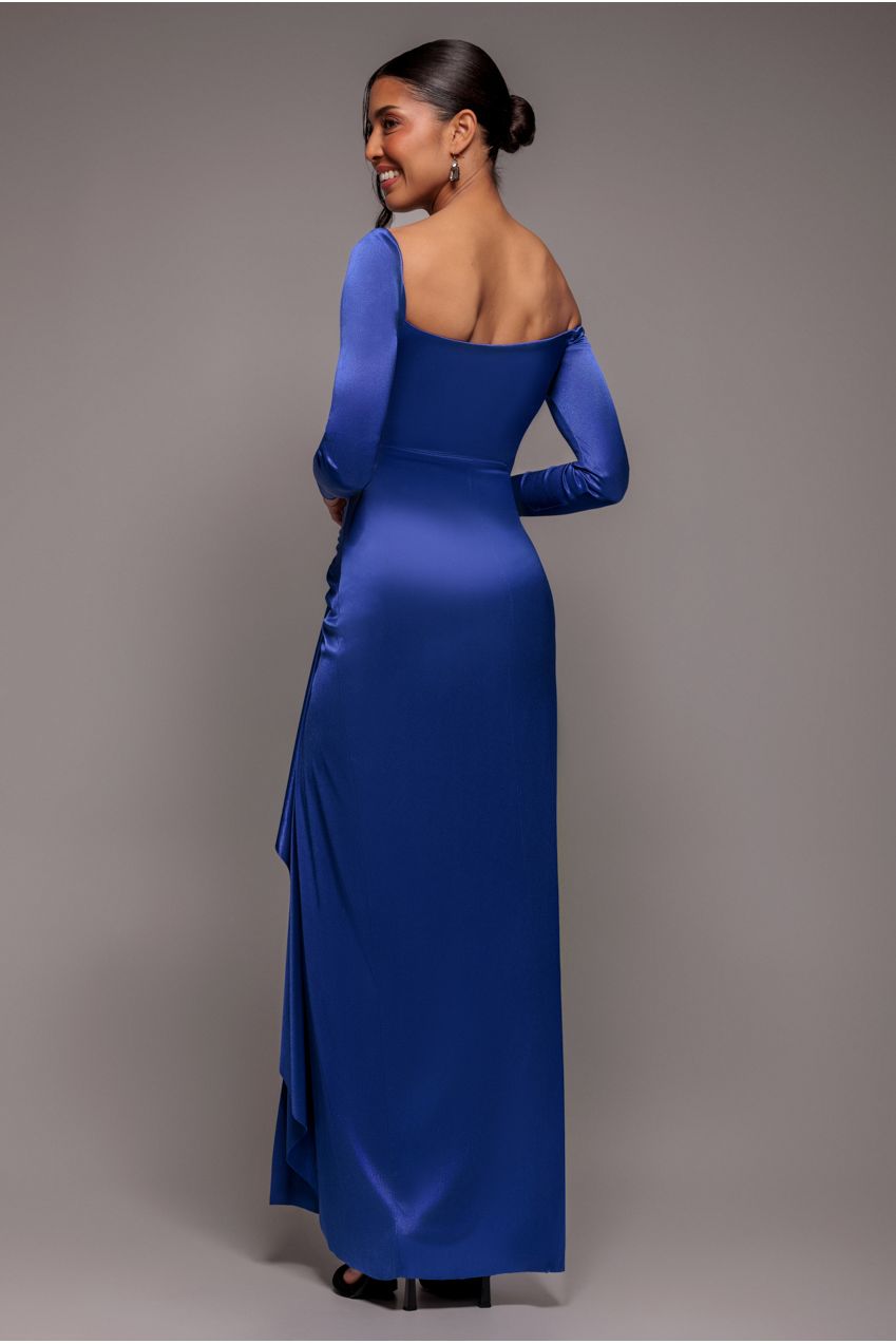 Slinky Satin One Shoulder Split Maxi Dress - Royal Blue DR4388