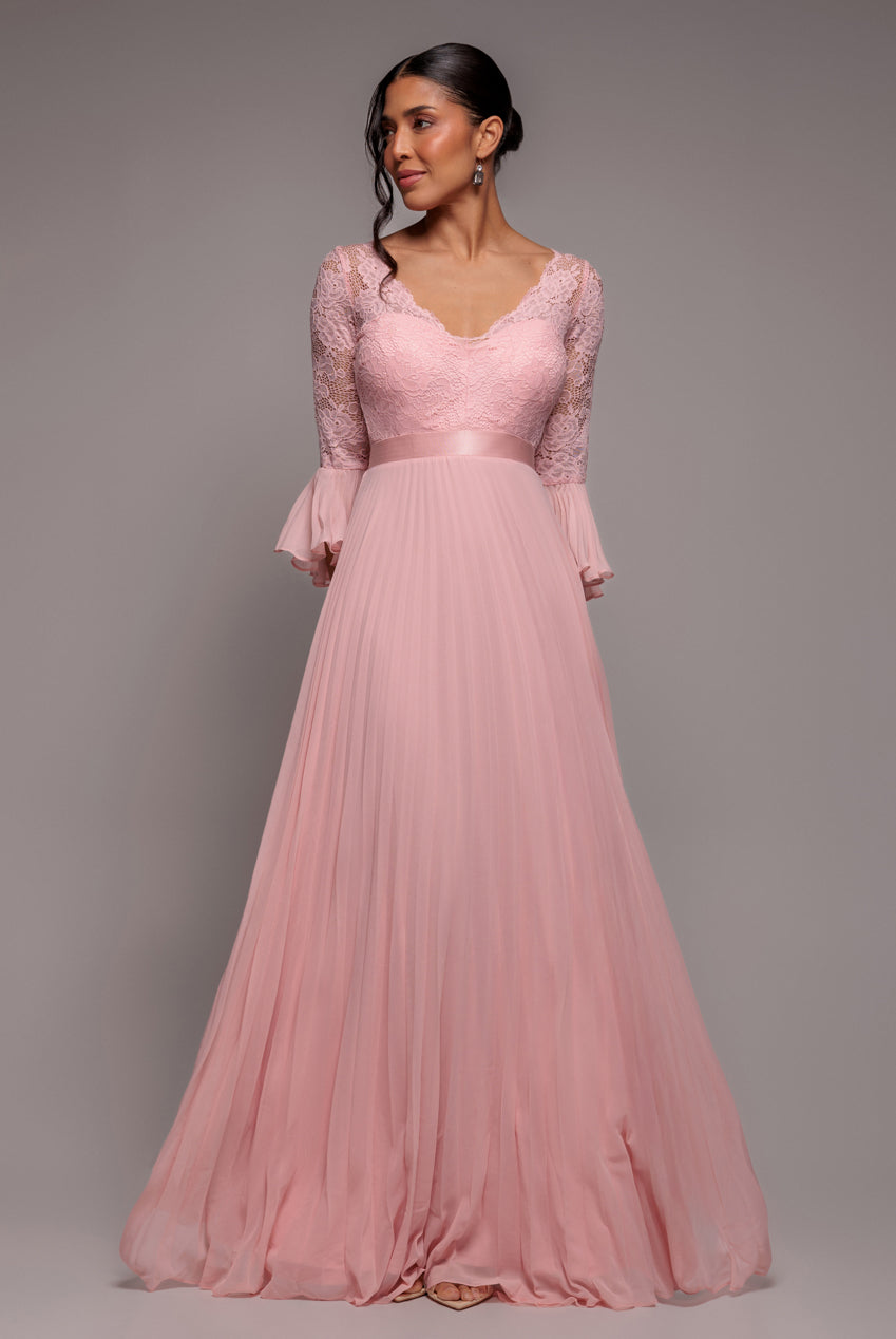 Scalloped Lace Bodice Pleated Chiffon A Line Maxi Dress - Blush Pink DR4390