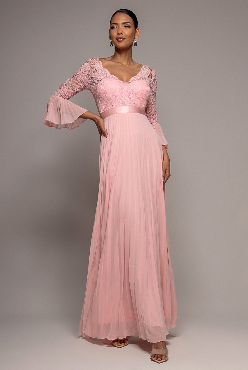 Scalloped Lace Bodice Pleated Chiffon A Line Maxi Dress - Blush Pink DR4390