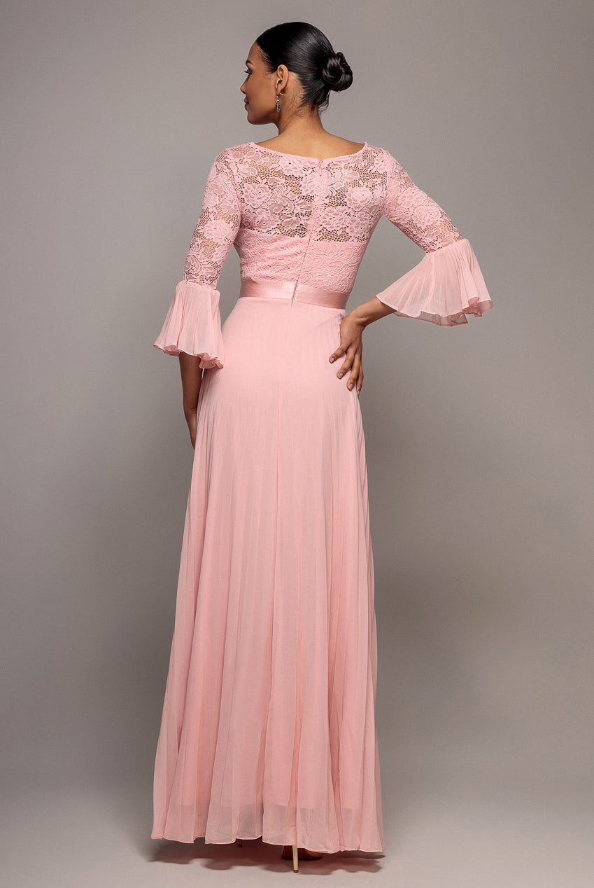 Scalloped Lace Bodice Pleated Chiffon A Line Maxi Dress - Blush Pink DR4390
