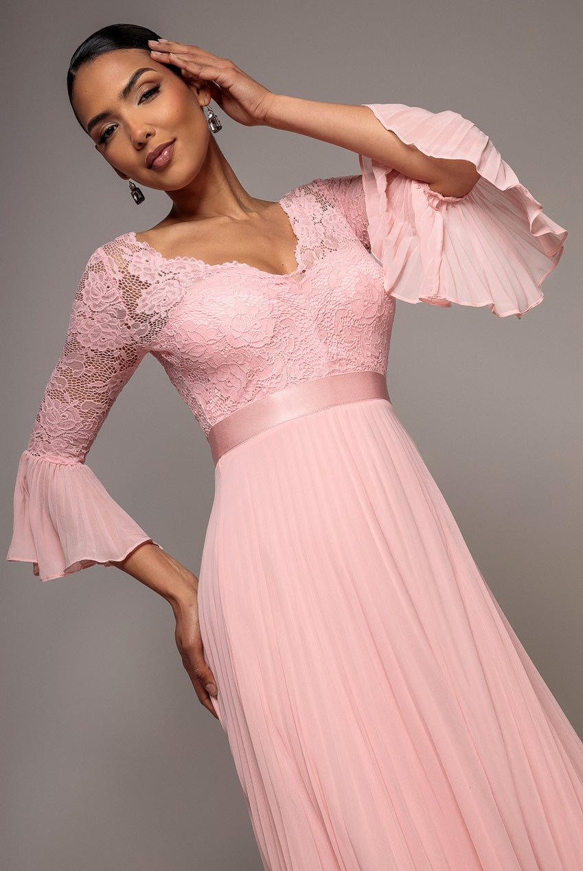 Scalloped Lace Bodice Pleated Chiffon A Line Maxi Dress - Blush Pink DR4390