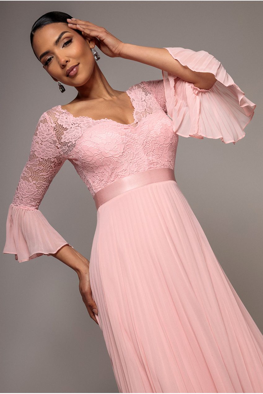 Scalloped Lace Bodice Pleated Chiffon A Line Maxi Dress - Blush Pink DR4390