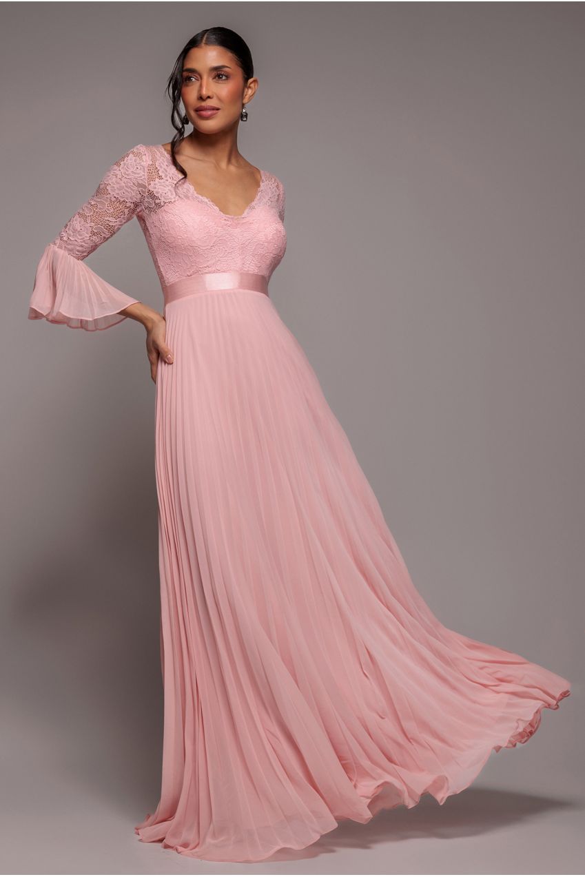 Scalloped Lace Bodice Pleated Chiffon A Line Maxi Dress - Blush Pink | Goddiva Scalloped Lace Bodice Pleated Chiffon A Line Maxi Dress - Blush Pink | Goddiva
