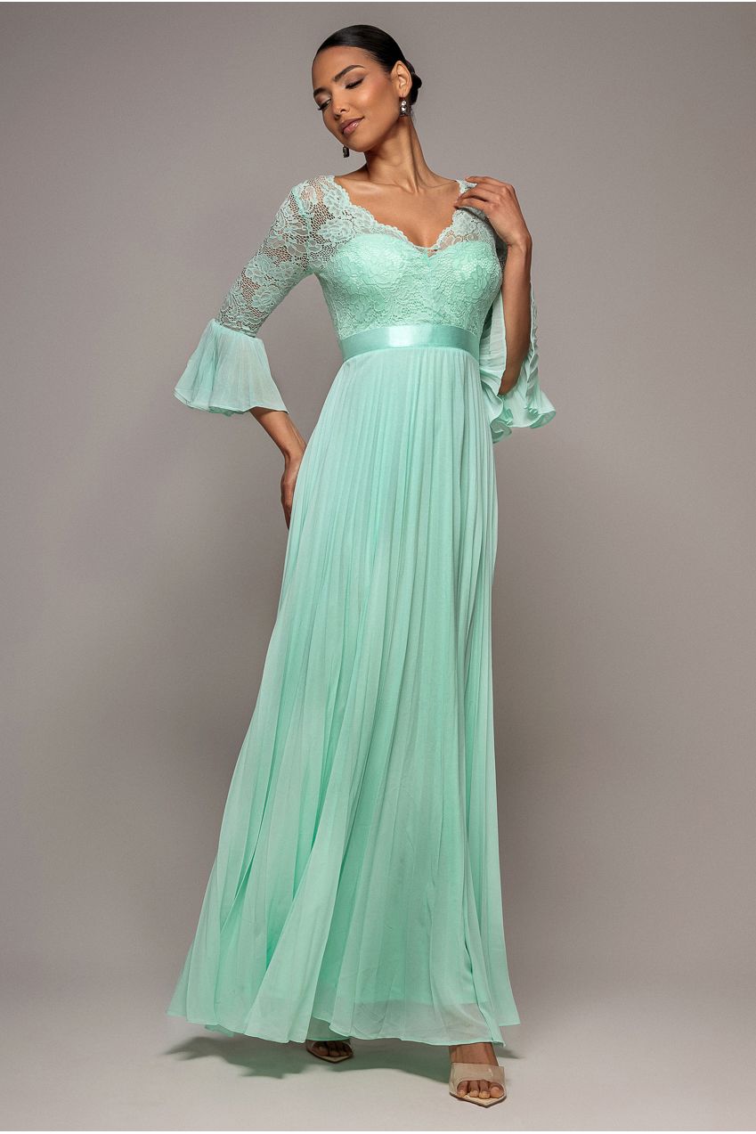 Scalloped Lace Bodice Pleated Chiffon A Line Maxi Dress - Mint Green DR4390