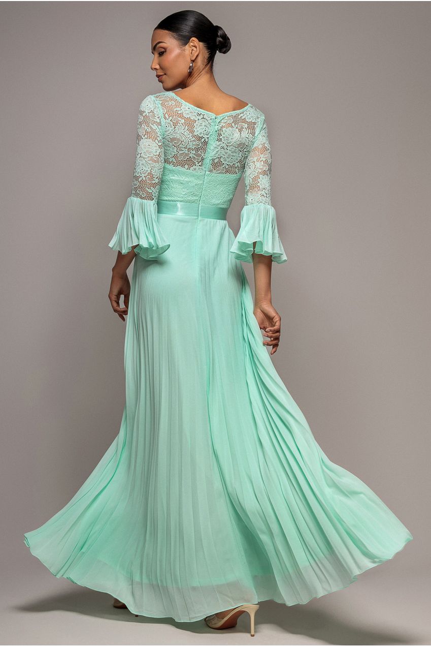 Scalloped Lace Bodice Pleated Chiffon A Line Maxi Dress - Mint Green DR4390