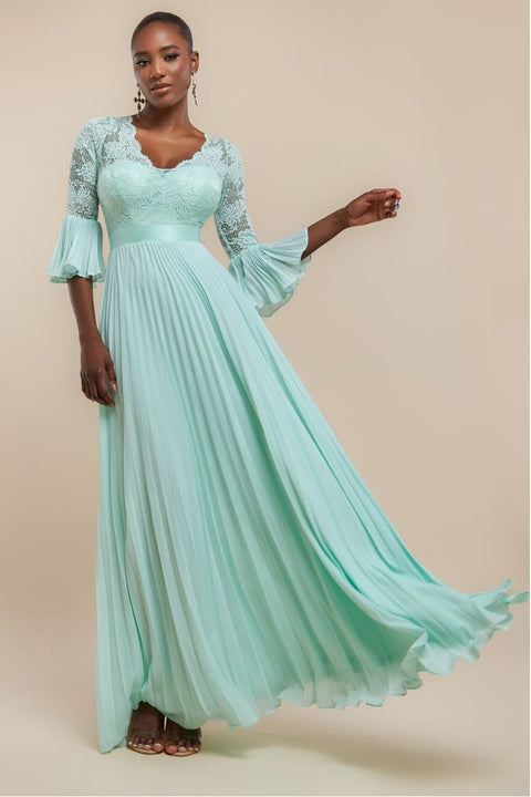 Scalloped Lace Bodice Pleated Chiffon A Line Maxi Dress - Mint Green by Goddiva