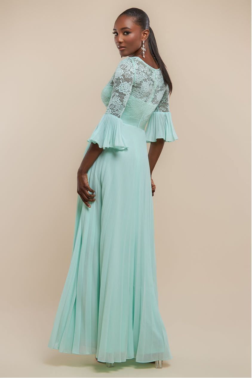 Scalloped Lace Bodice Pleated Chiffon A Line Maxi Dress - Mint Green DR4390