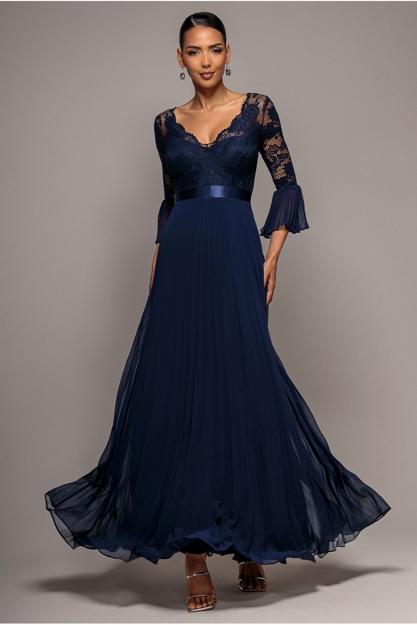 Scalloped Lace Bodice Pleated Chiffon A Line Maxi Dress - Navy Blue DR4390