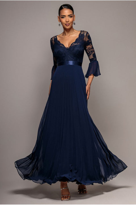 Scalloped Lace Bodice Pleated Chiffon A Line Maxi Dress - Navy Blue by Goddiva