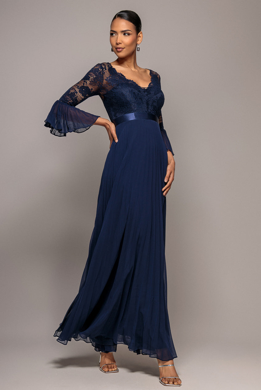 Scalloped Lace Bodice Pleated Chiffon A Line Maxi Dress - Navy Blue DR4390