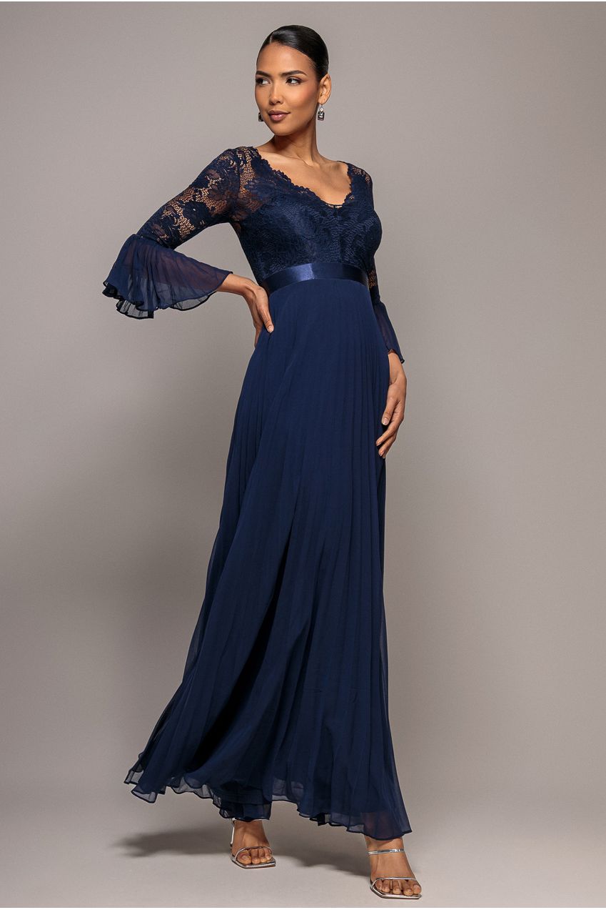 Scalloped Lace Bodice Pleated Chiffon A Line Maxi Dress - Navy Blue DR4390
