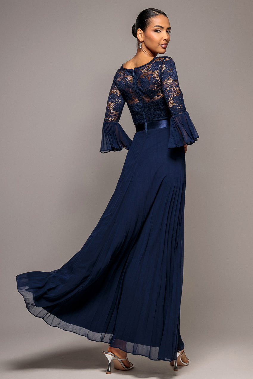 Scalloped Lace Bodice Pleated Chiffon A Line Maxi Dress - Navy Blue DR4390