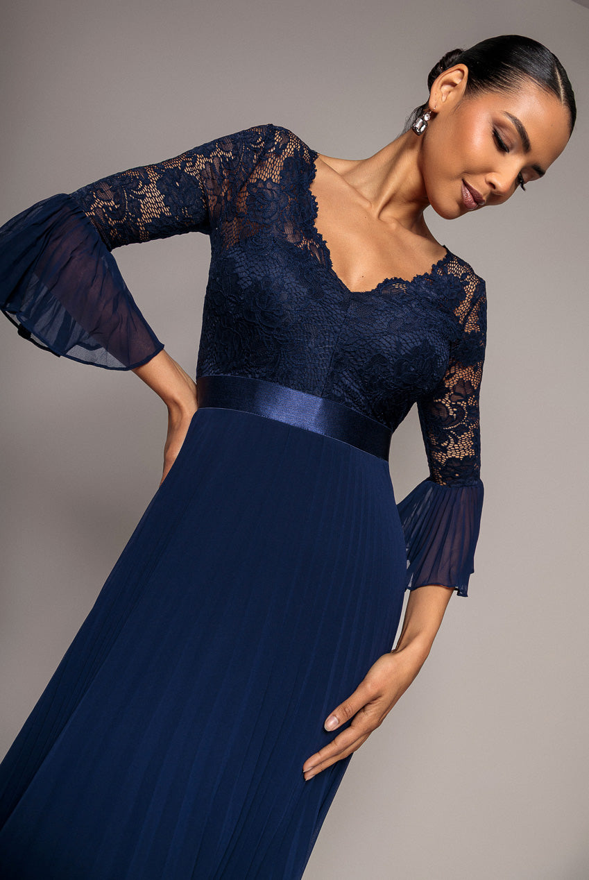 Scalloped Lace Bodice Pleated Chiffon A Line Maxi Dress - Navy Blue DR4390