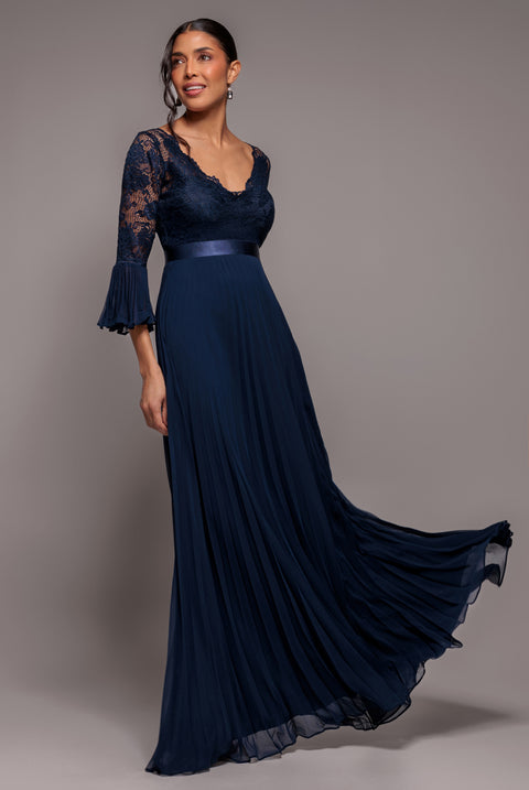 Scalloped Lace Bodice Pleated Chiffon A Line Maxi Dress - Navy Blue by Goddiva