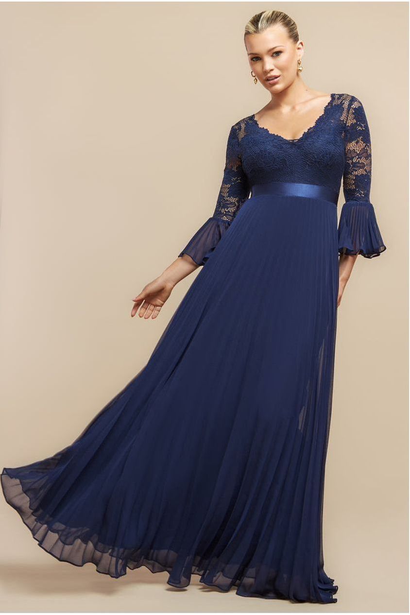 Scalloped Lace Bodice Pleated Chiffon A Line Maxi Dress - Navy Blue DR4390