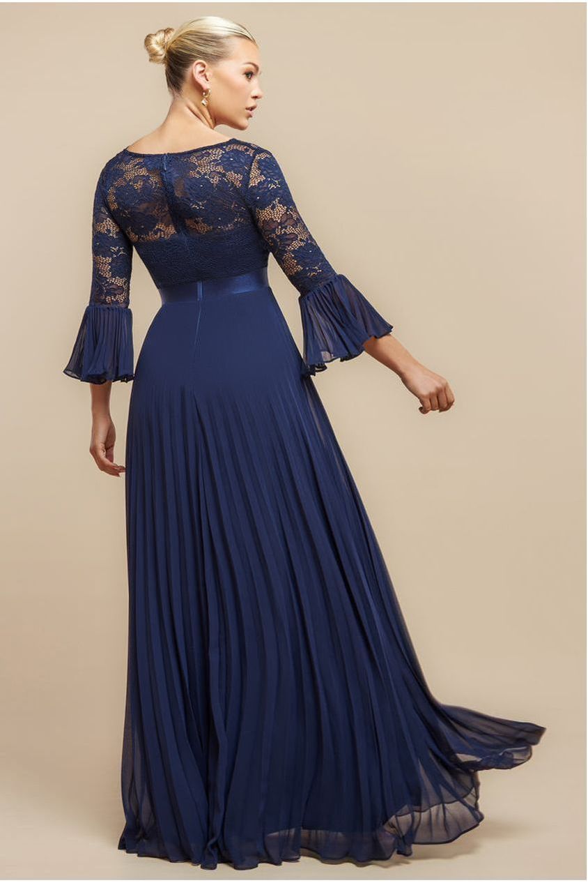 Scalloped Lace Bodice Pleated Chiffon A Line Maxi Dress - Navy Blue DR4390
