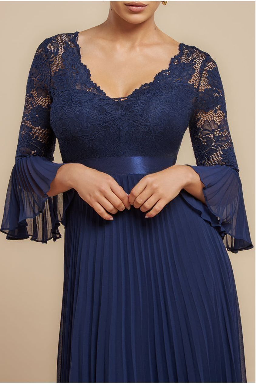 Scalloped Lace Bodice Pleated Chiffon A Line Maxi Dress - Navy Blue DR4390
