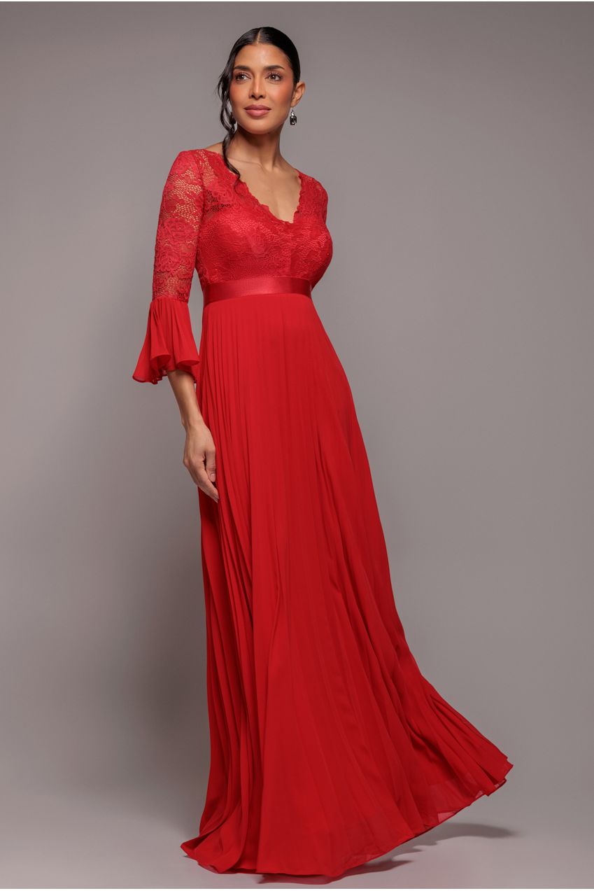 Scalloped Lace Bodice Pleated Chiffon A Line Maxi Dress - Red DR4390