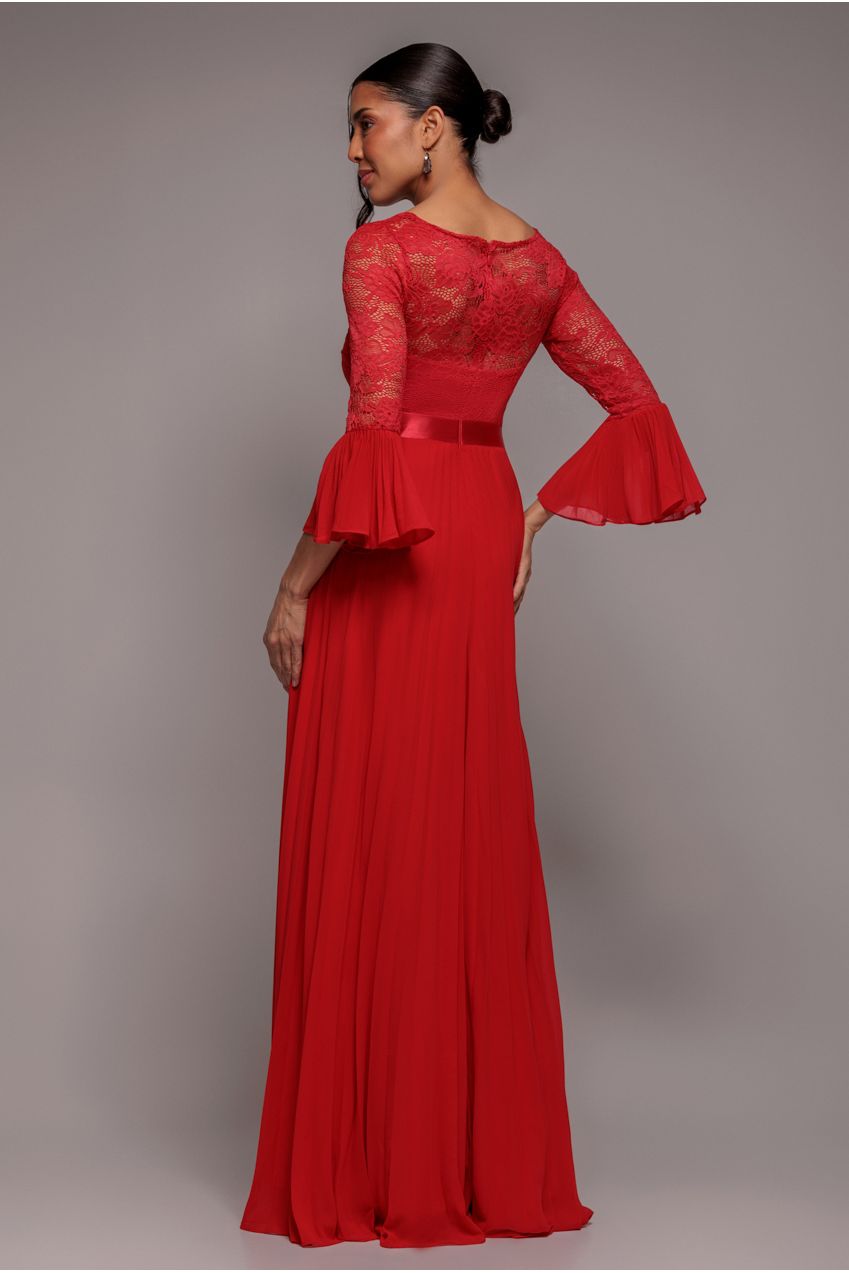 Scalloped Lace Bodice Pleated Chiffon A Line Maxi Dress - Red DR4390