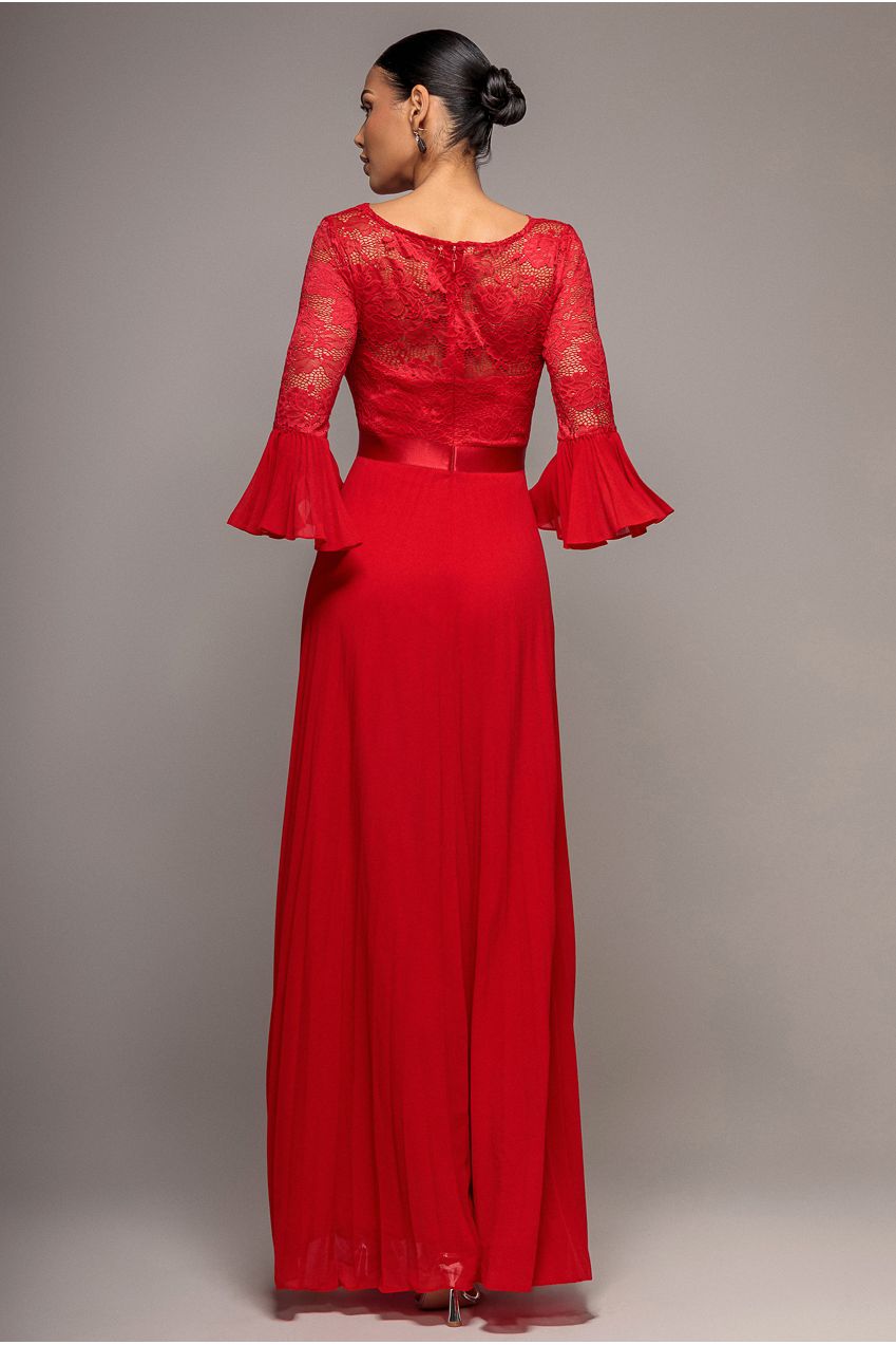 Scalloped Lace Bodice Pleated Chiffon A Line Maxi Dress - Red DR4390