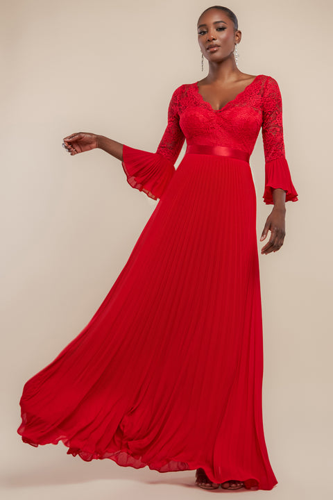 Scalloped Lace Bodice Pleated Chiffon A Line Maxi Dress - Red by Goddiva