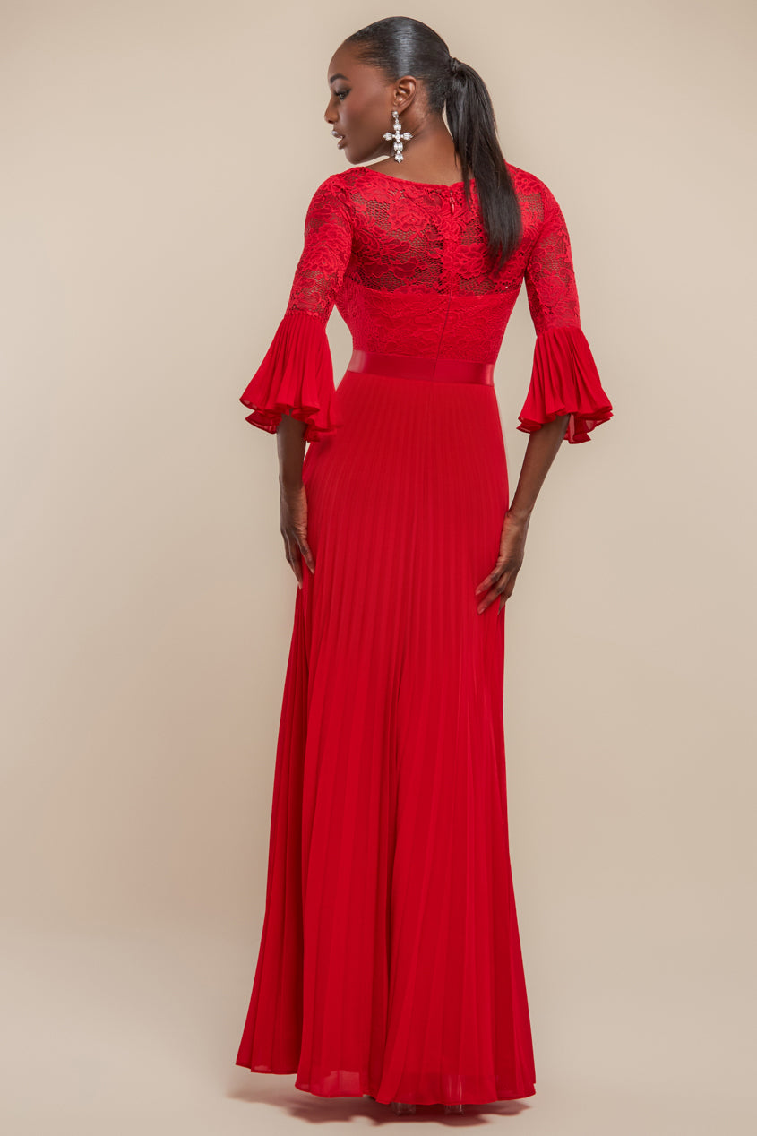 Scalloped Lace Bodice Pleated Chiffon A Line Maxi Dress - Red DR4390