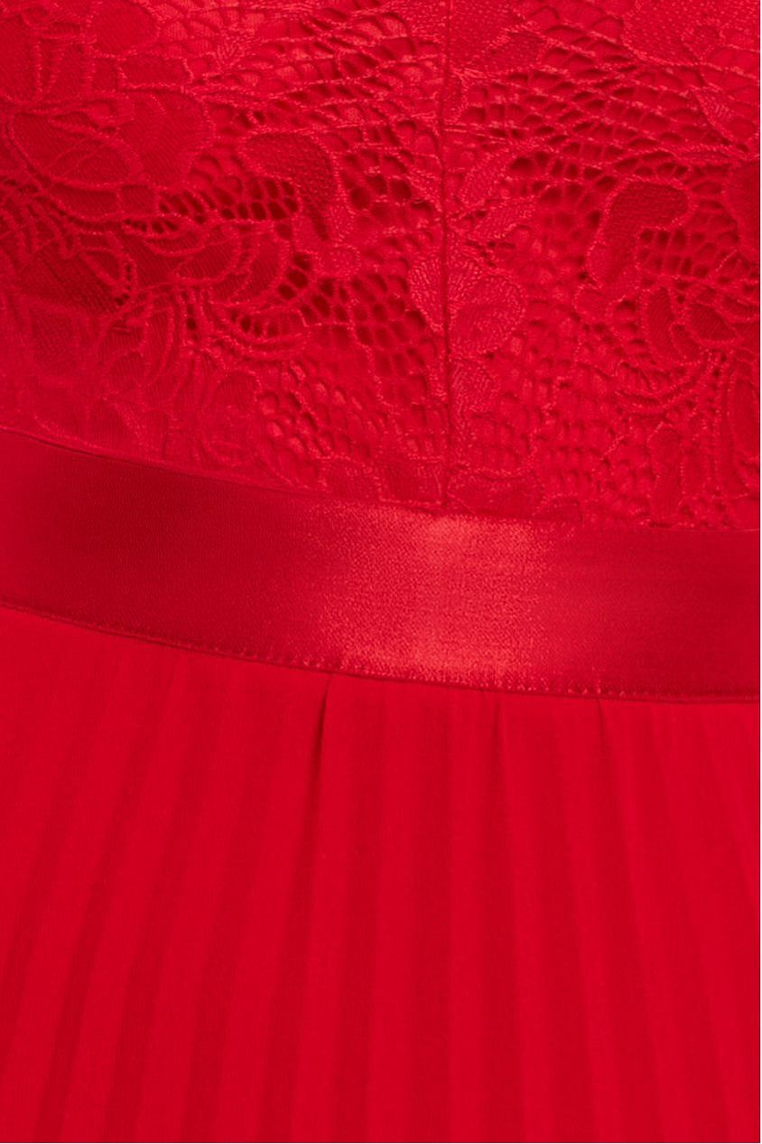 Scalloped Lace Bodice Pleated Chiffon A Line Maxi Dress - Red DR4390