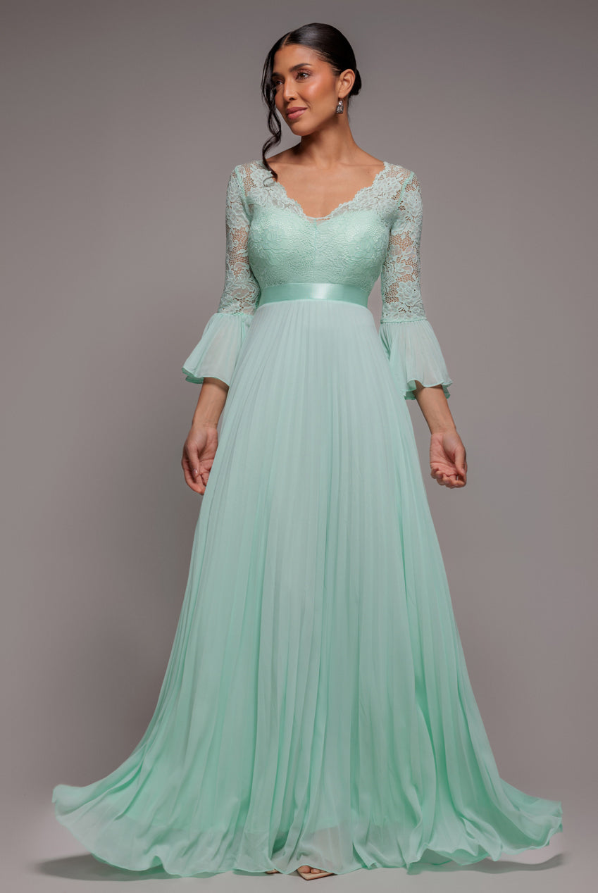 Scalloped Lace Bodice Pleated Chiffon A Line Maxi Dress - Mint Green DR4390