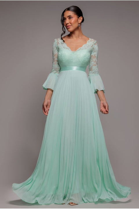 Scalloped Lace Bodice Pleated Chiffon A Line Maxi Dress - Mint Green by Goddiva