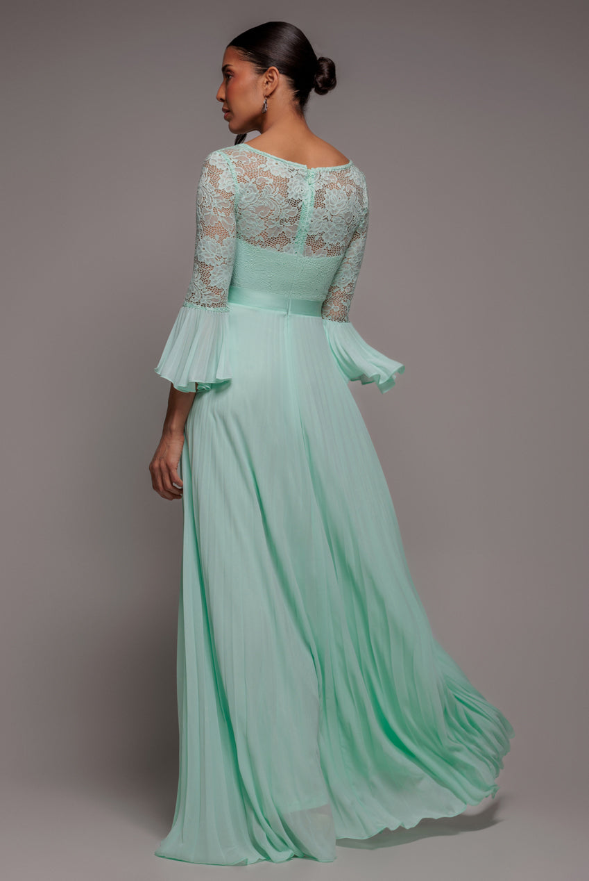 Scalloped Lace Bodice Pleated Chiffon A Line Maxi Dress - Mint Green DR4390