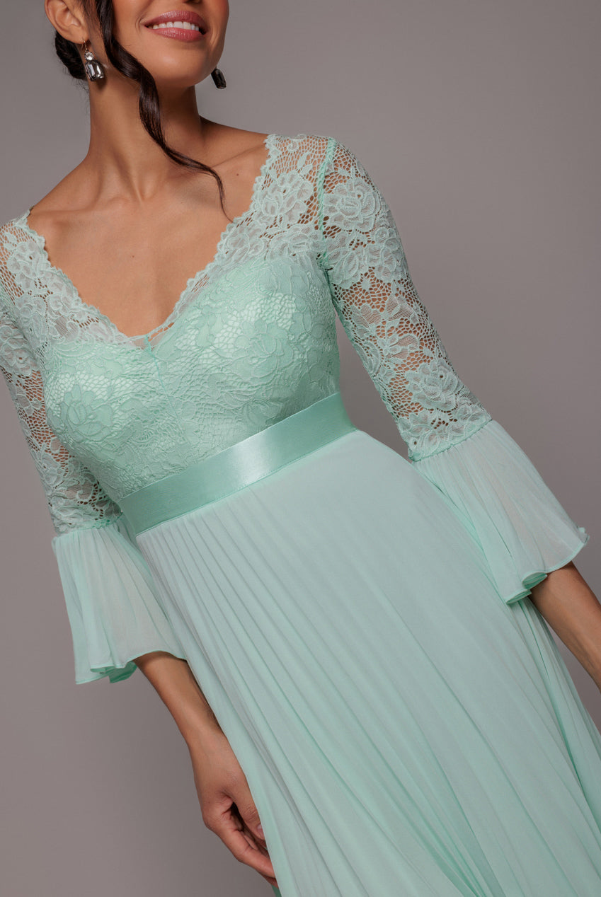 Scalloped Lace Bodice Pleated Chiffon A Line Maxi Dress - Mint Green DR4390