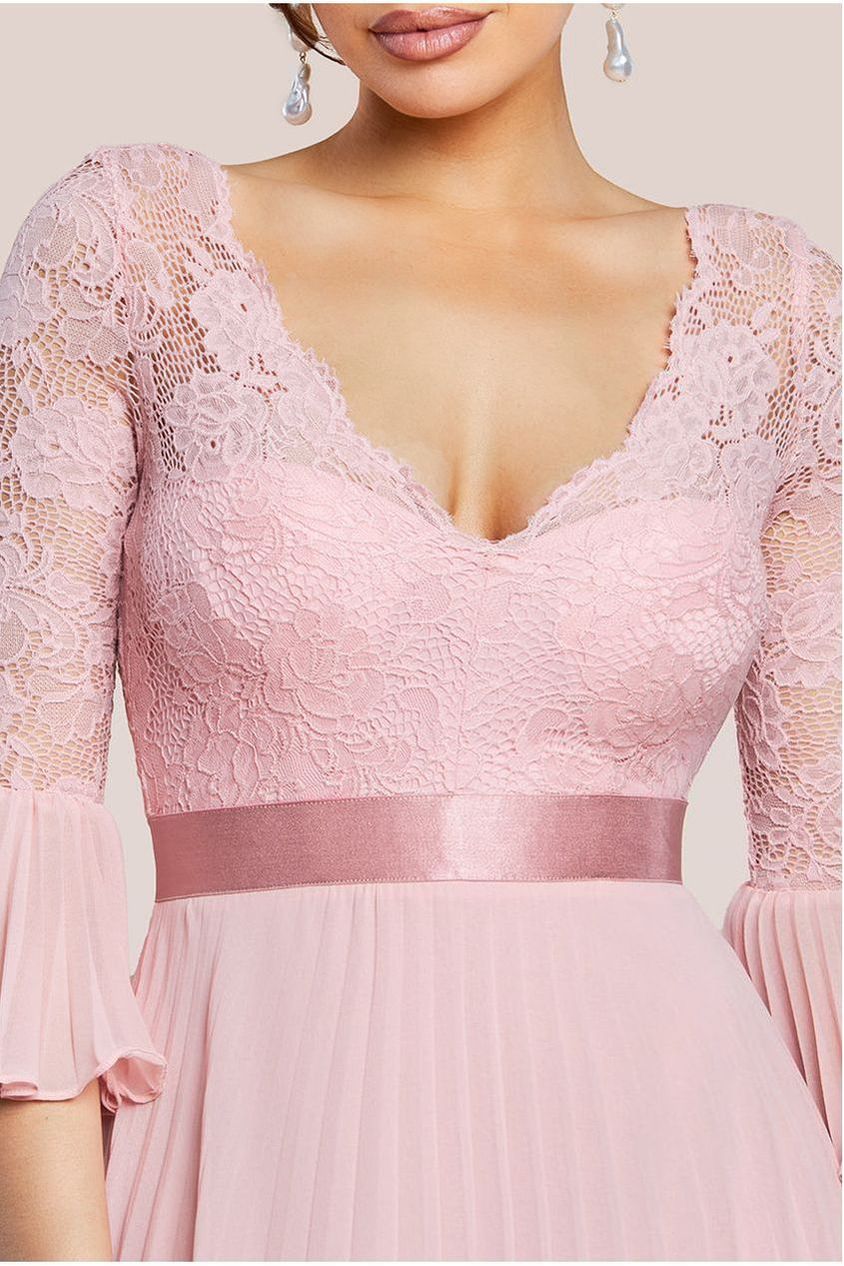 Scalloped Lace Bodice Pleated Chiffon A Line Maxi Dress - Blush Pink DR4390