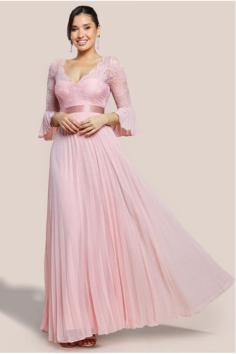 Scalloped Lace Bodice Pleated Chiffon A Line Maxi Dress - Blush Pink by Goddiva