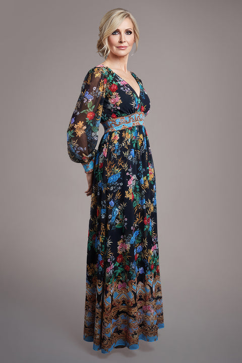 Chiffon Wrap Border Floral Print Maxi Dress - Black by Goddiva