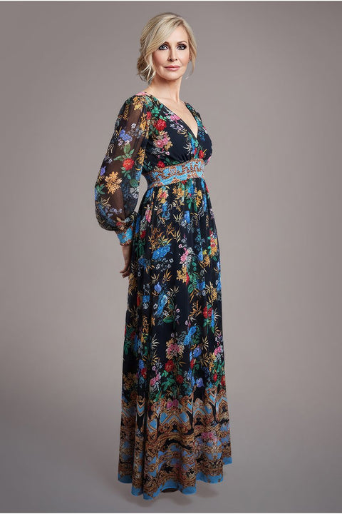Chiffon Wrap Border Floral Print Maxi Dress - Black by Goddiva