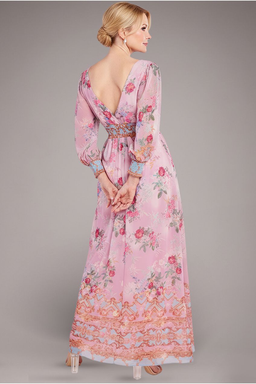 Chiffon Wrap Border Floral Print Maxi Dress - Pink DR4394M