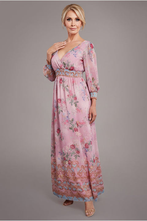Chiffon Wrap Border Floral Print Maxi Dress - Pink by Goddiva