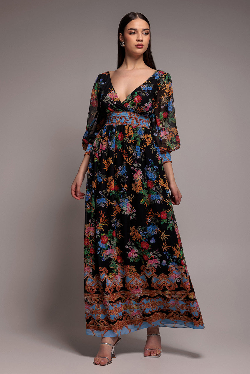Chiffon Wrap Border Floral Print Maxi Dress - Black DR4394