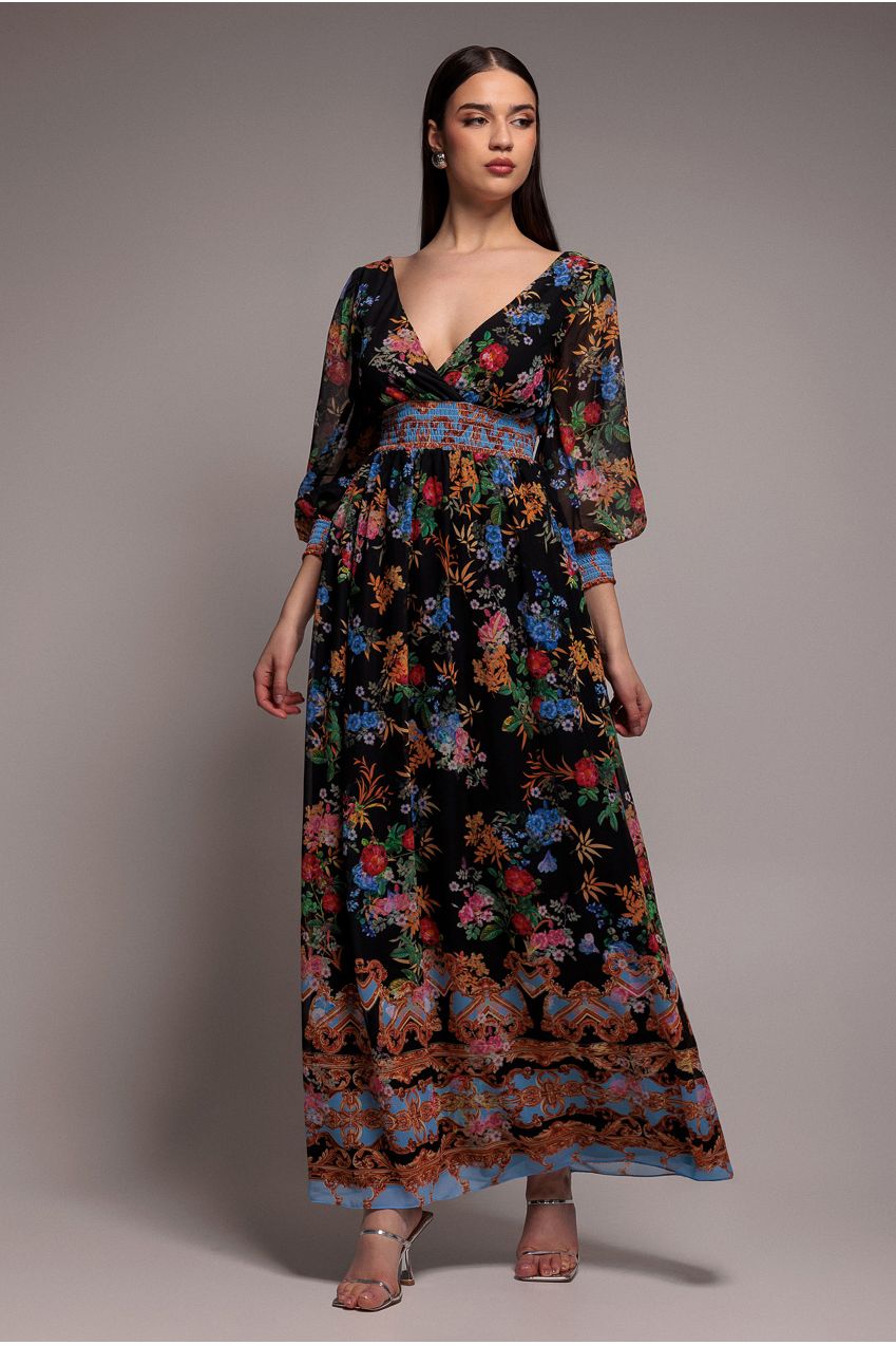 Chiffon Wrap Border Floral Print Maxi Dress - Black DR4394
