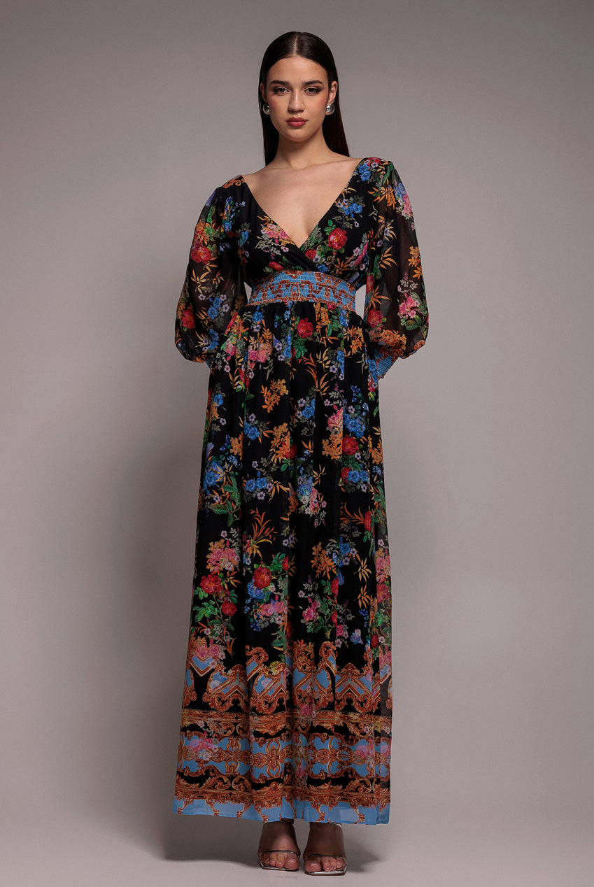 Chiffon Wrap Border Floral Print Maxi Dress - Black DR4394
