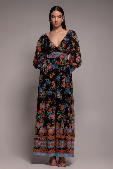 Chiffon Wrap Border Floral Print Maxi Dress - Black by Goddiva