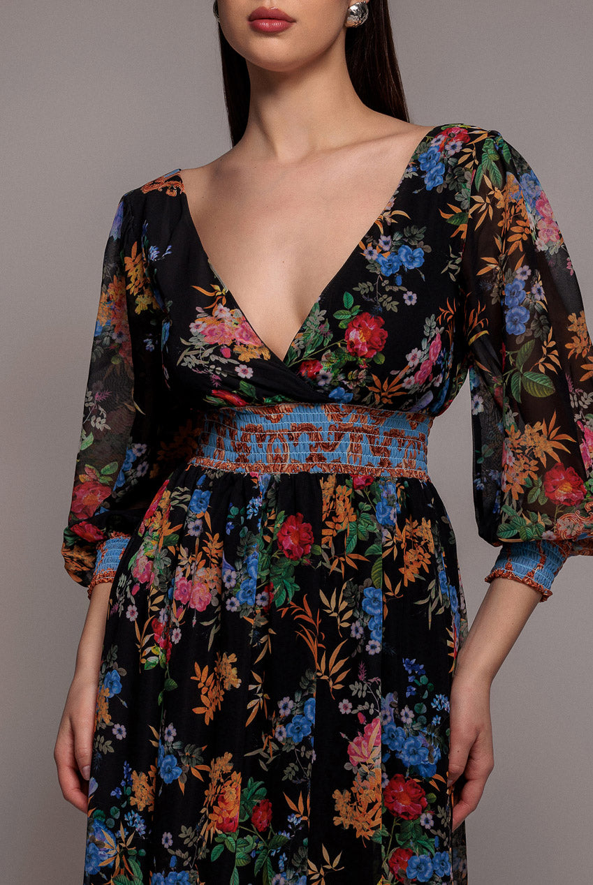 Chiffon Wrap Border Floral Print Maxi Dress - Black DR4394