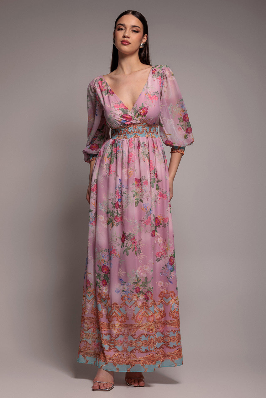 Chiffon Wrap Border Floral Print Maxi Dress - Pink DR4394