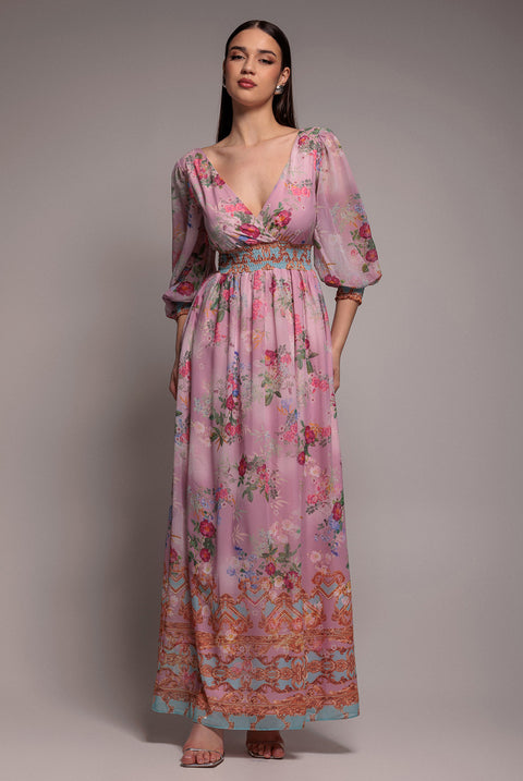 Chiffon Wrap Border Floral Print Maxi Dress - Pink by Goddiva