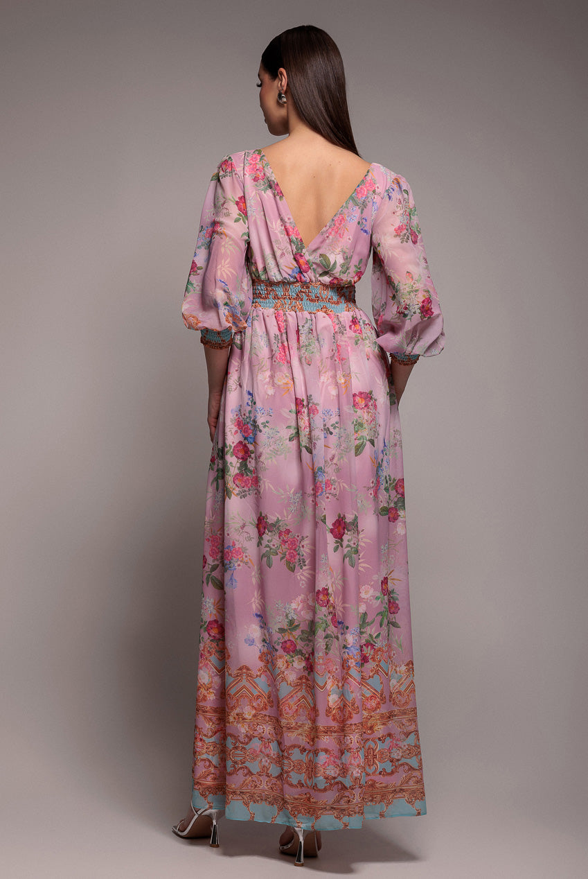 Chiffon Wrap Border Floral Print Maxi Dress - Pink DR4394