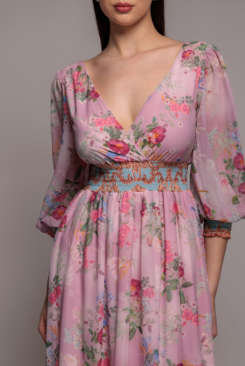 Chiffon Wrap Border Floral Print Maxi Dress - Pink DR4394