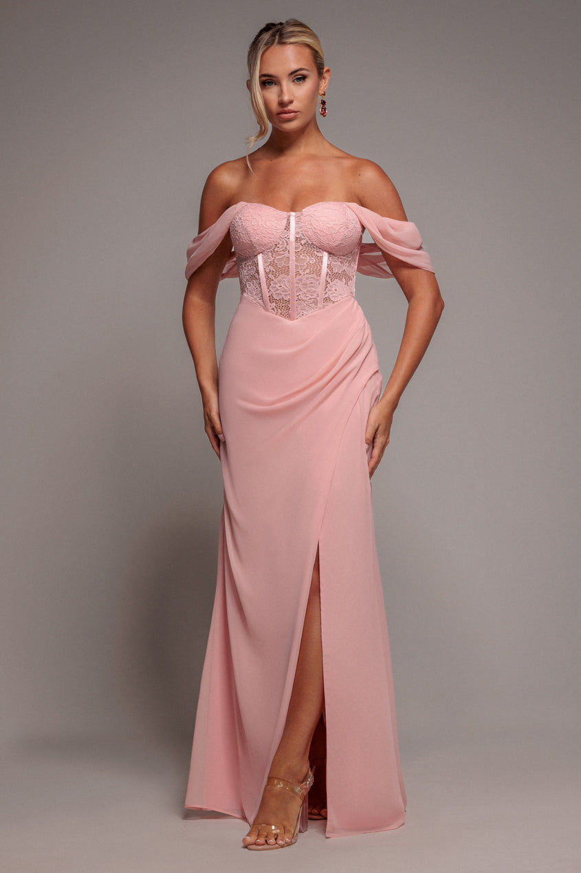 Scalloped Lace & Chiffon Winged Corset Bodice Maxi Dress - Blush Pink | Goddiva Scalloped Lace & Chiffon Winged Corset Bodice Maxi Dress - Blush Pink | Goddiva