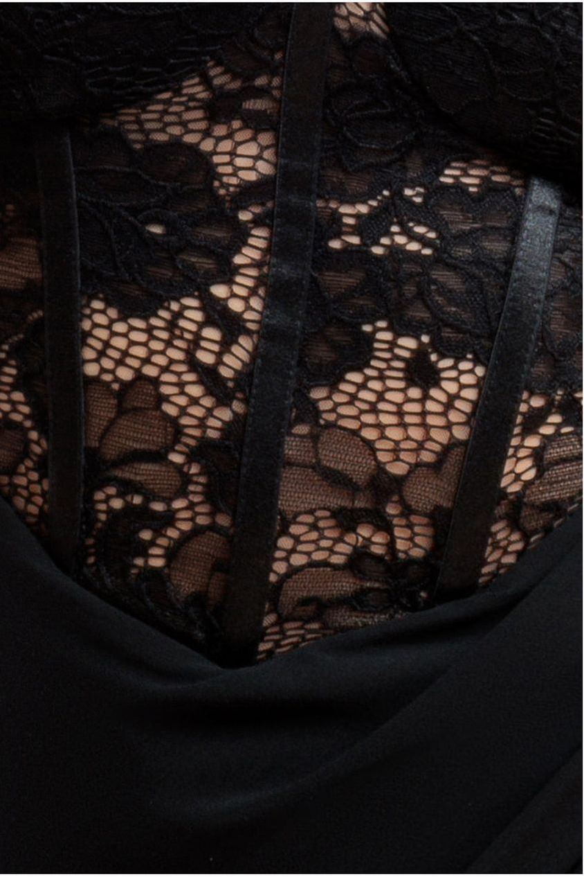 Scalloped Lace & Chiffon Winged Corset Bodice Maxi Dress - Black DR4397