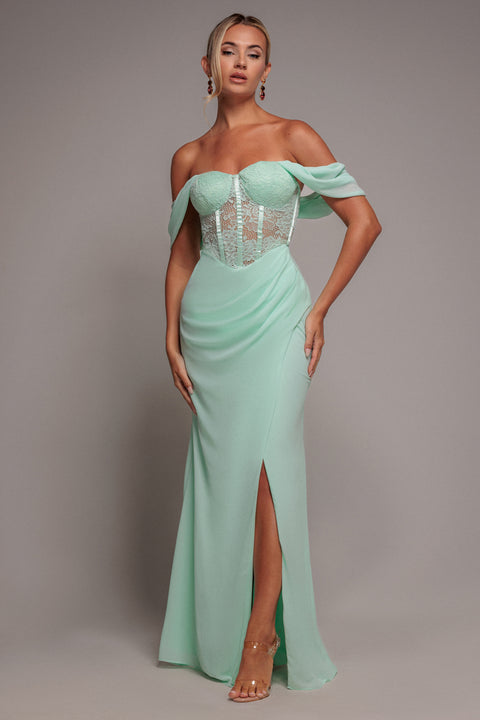 Scalloped Lace & Chiffon Winged Corset Bodice Maxi Dress - Mint Green by Goddiva
